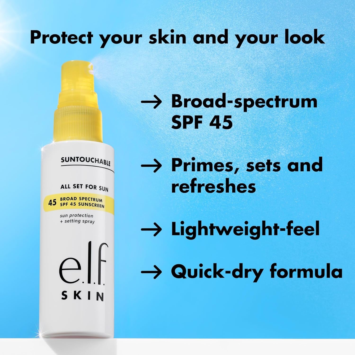 E.L.F. SKIN All Set for Sun SPF 45, Setting Spray with SPF 45 for Long-Lasting Makeup, Weightless, Non-Greasy Formula, Vegan & Cruelty-Free, Packaging May Vary