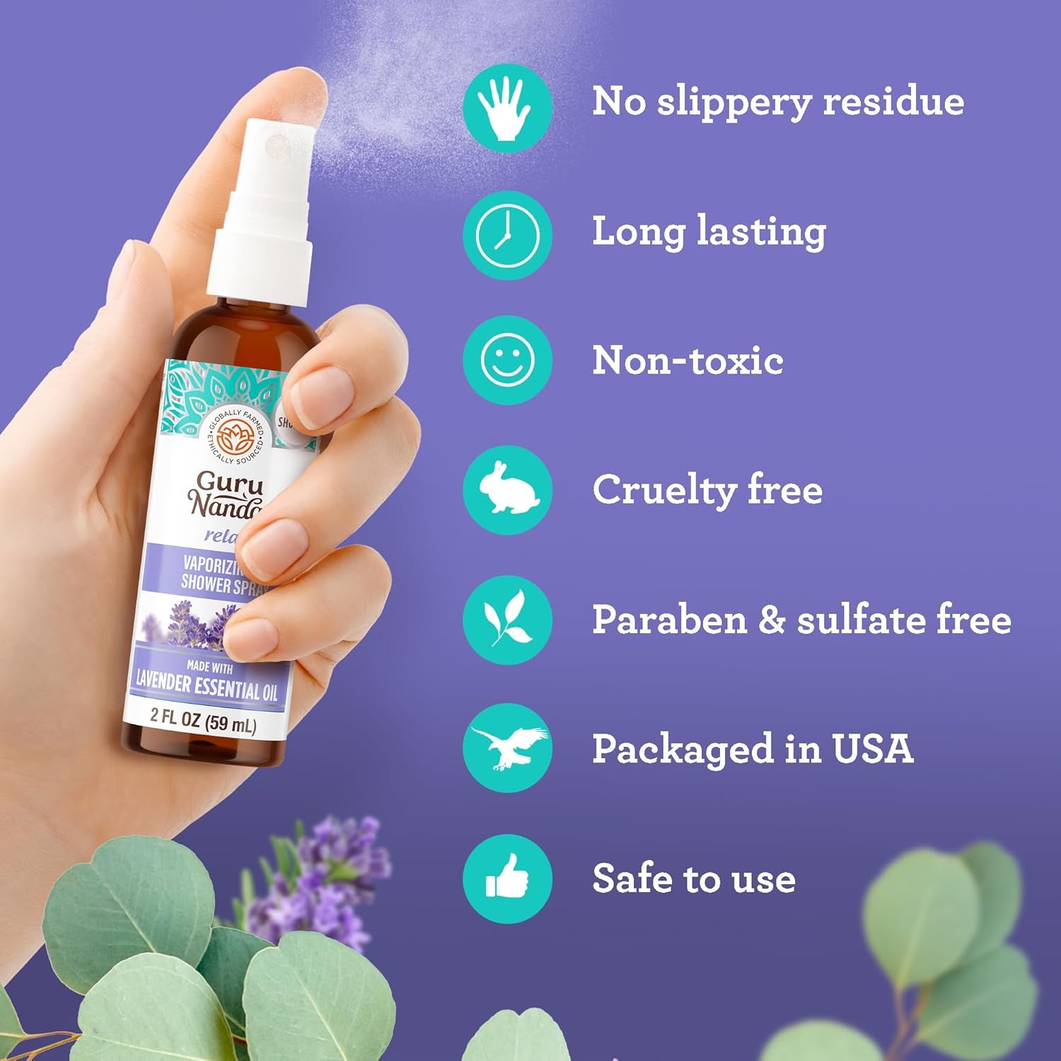 Gurunanda Relax Vaporizing Shower Spray, Natural Spa Mist & Room Spray with Lavender & Eucalyptus to Help with Stress Relief & Congestion Aid, 2 Fl Oz