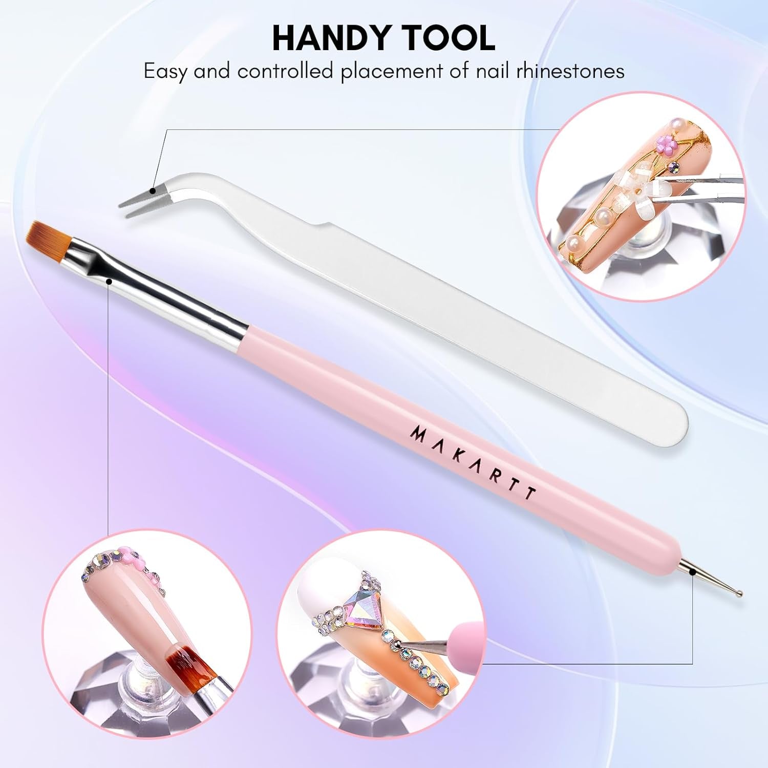 Makartt Nail Rhinestone Glue Kit 15Ml, Gel Glue with AB Crystals, 3D Nail Art Flowers, Pearls, Dual-End Brush & Tweezer, Acrylic Nail Supplies for DIY & Nail Techs