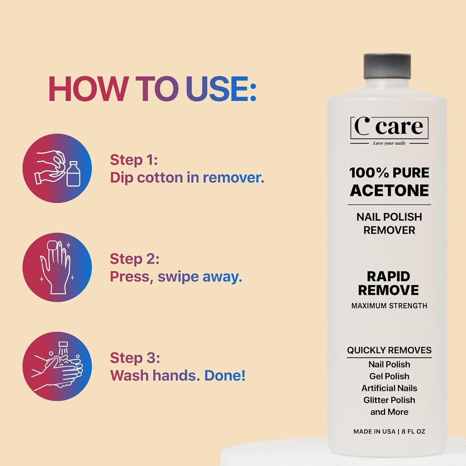 100% Pure Acetone Nail Polish Remover | Professional Quality | Easy to Use | Rapidly Removes Natural, Gel, Acrylic, Shellac, and Glitter Nails | 8 Fl Oz