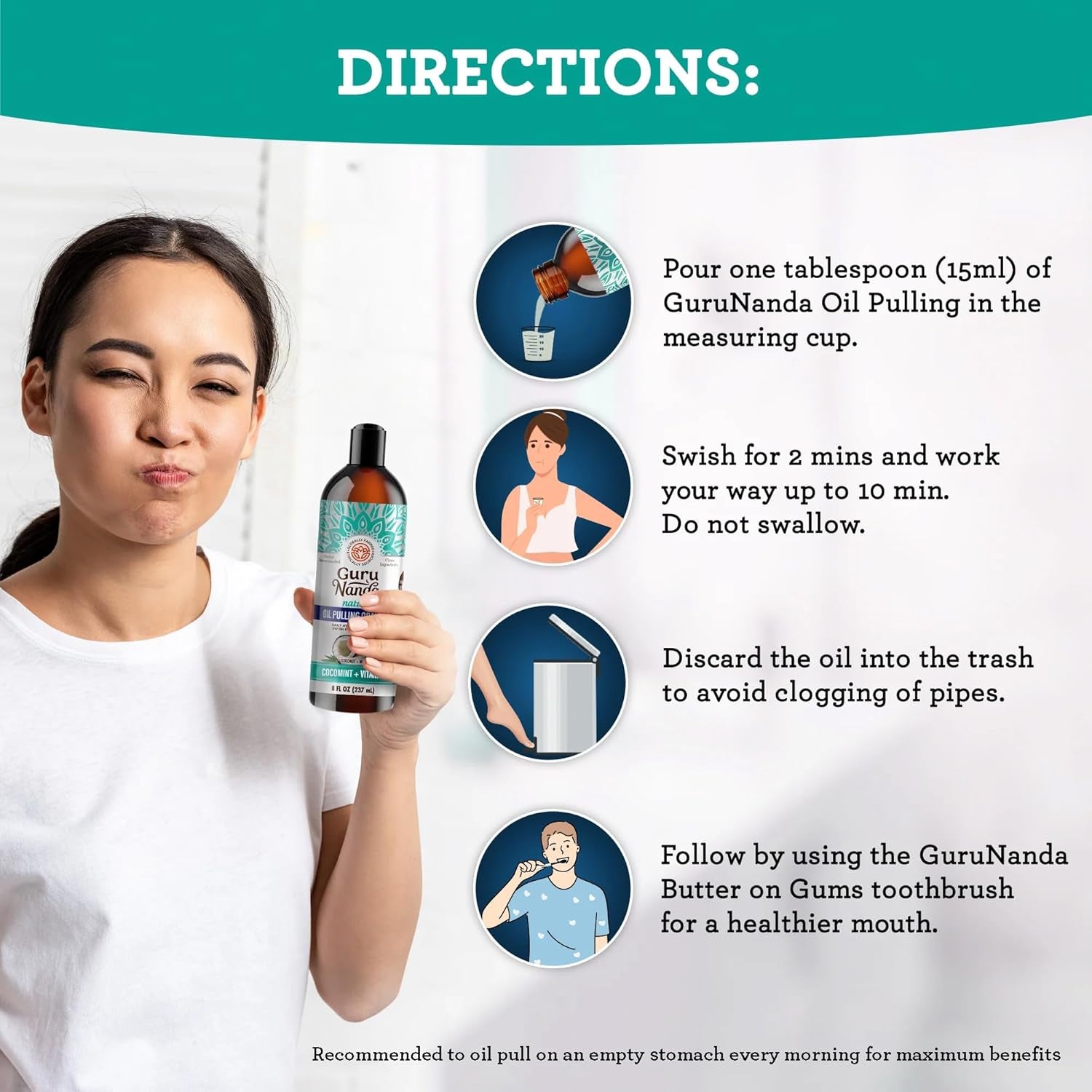 Gurunanda Cocomint Oil Pulling Mouthwash for Complete Oral Hygiene, 7 Essential Oils & Vitamins for Happy Teeth & Gums & Fresh Breath , Alcohol-Free, 8 Oz