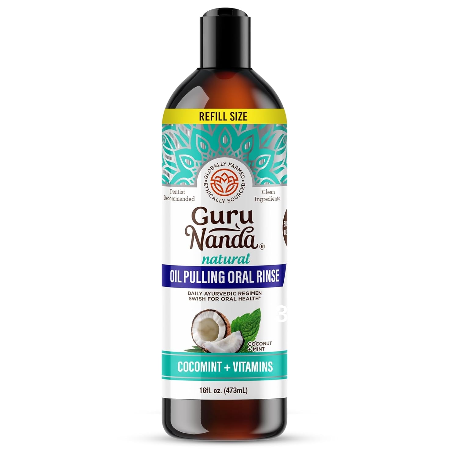 Gurunanda Cocomint Oil Pulling Mouthwash for Complete Oral Hygiene, 7 Essential Oils & Vitamins for Happy Teeth & Gums & Fresh Breath, Alcohol-Free, 16 Oz