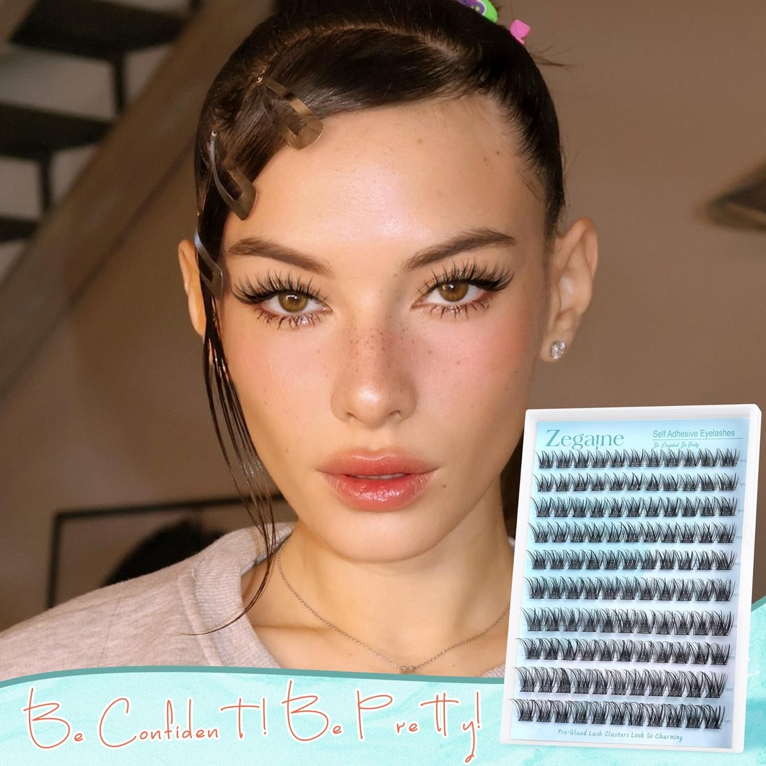 Self Adhesive Lash Clusters Natural Self Adhesive Eyelashes Glueless Lashes Cat Eye Pre Glued Lashes Reusable Wispy Cluster Lashes No Glue Needed Fluffy Self Adhesive Lashes 10-16MM by Zegaine