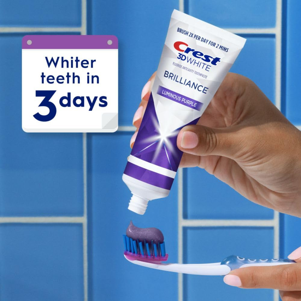 Crest 3D White Brilliance Luminous Purple Teeth Whitening Toothpaste, 4.6 Oz Pack of 3, Anticavity Fluoride Toothpaste, Fights 100% More Surface Stains, 24 Hour Active Stain Prevention