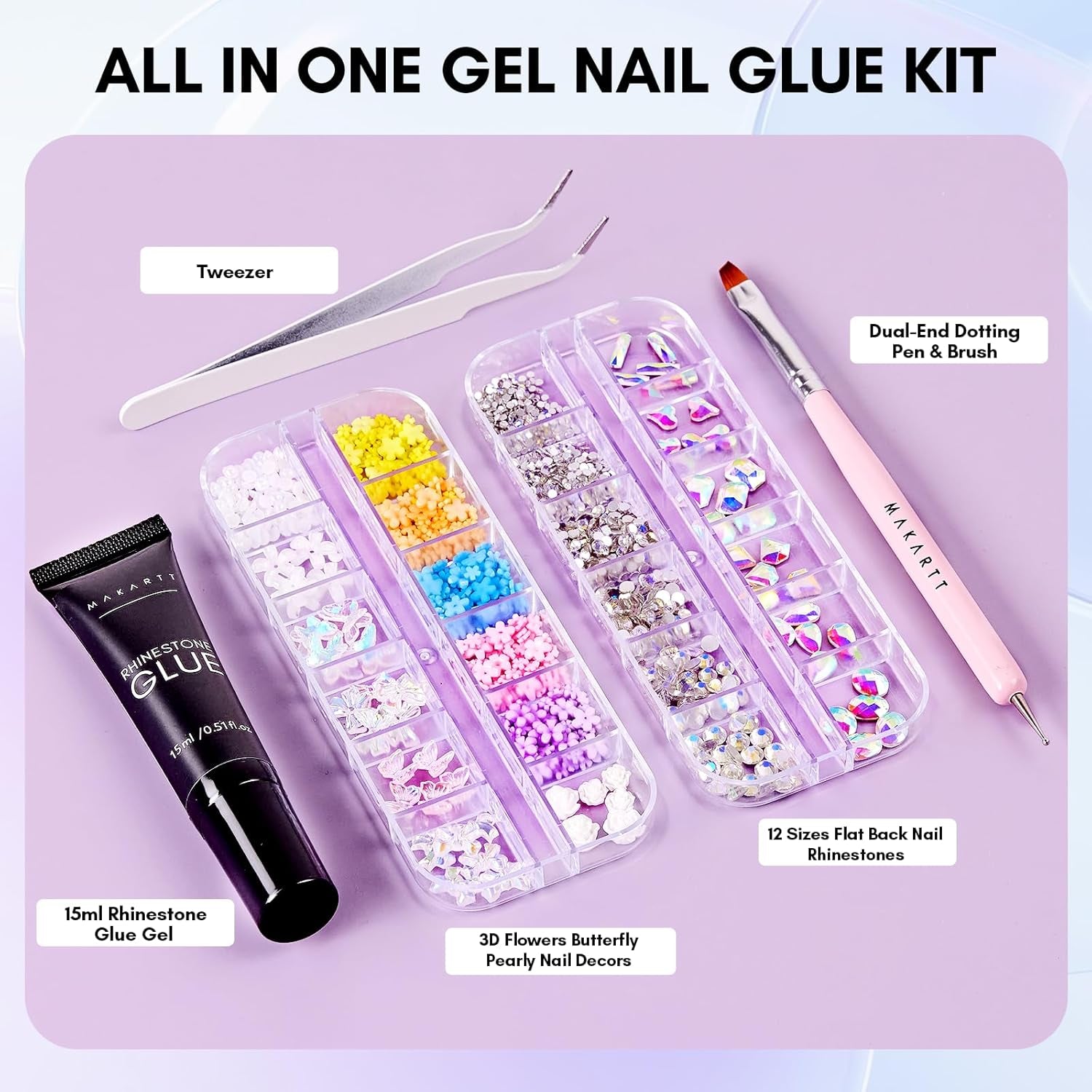 Makartt Nail Rhinestone Glue Kit 15Ml, Gel Glue with AB Crystals, 3D Nail Art Flowers, Pearls, Dual-End Brush & Tweezer, Acrylic Nail Supplies for DIY & Nail Techs