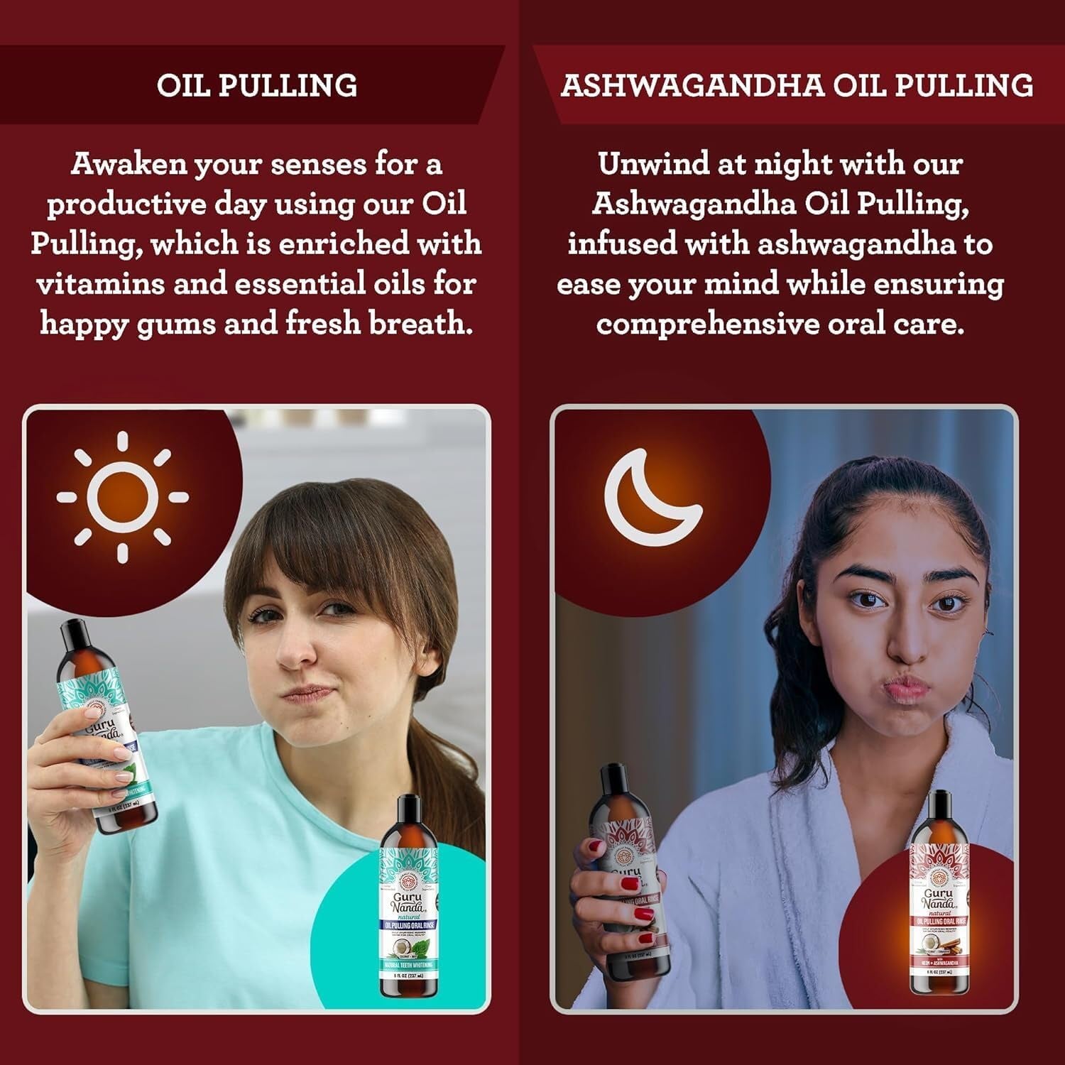 Gurunanda Ashwagandha Oil Pulling with Neem & Roman Chamomile, for Fresh Breath and Happy Gums, Alcohol & Flouride-Free Essential Oil Oral Rinse with Toothbrush & Tongue Scraper, 8 Oz