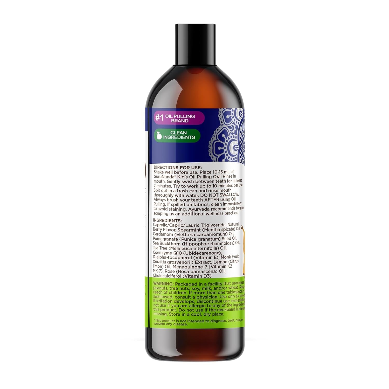 Gurunanda Kids Oil Pulling, Alcohol-Free Mouthwash, Essential Oils & Vitamins for Fresh Breath & Happy Gums for Ages 6 & Up, Natural Berry Lemon Rose, 8 Oz