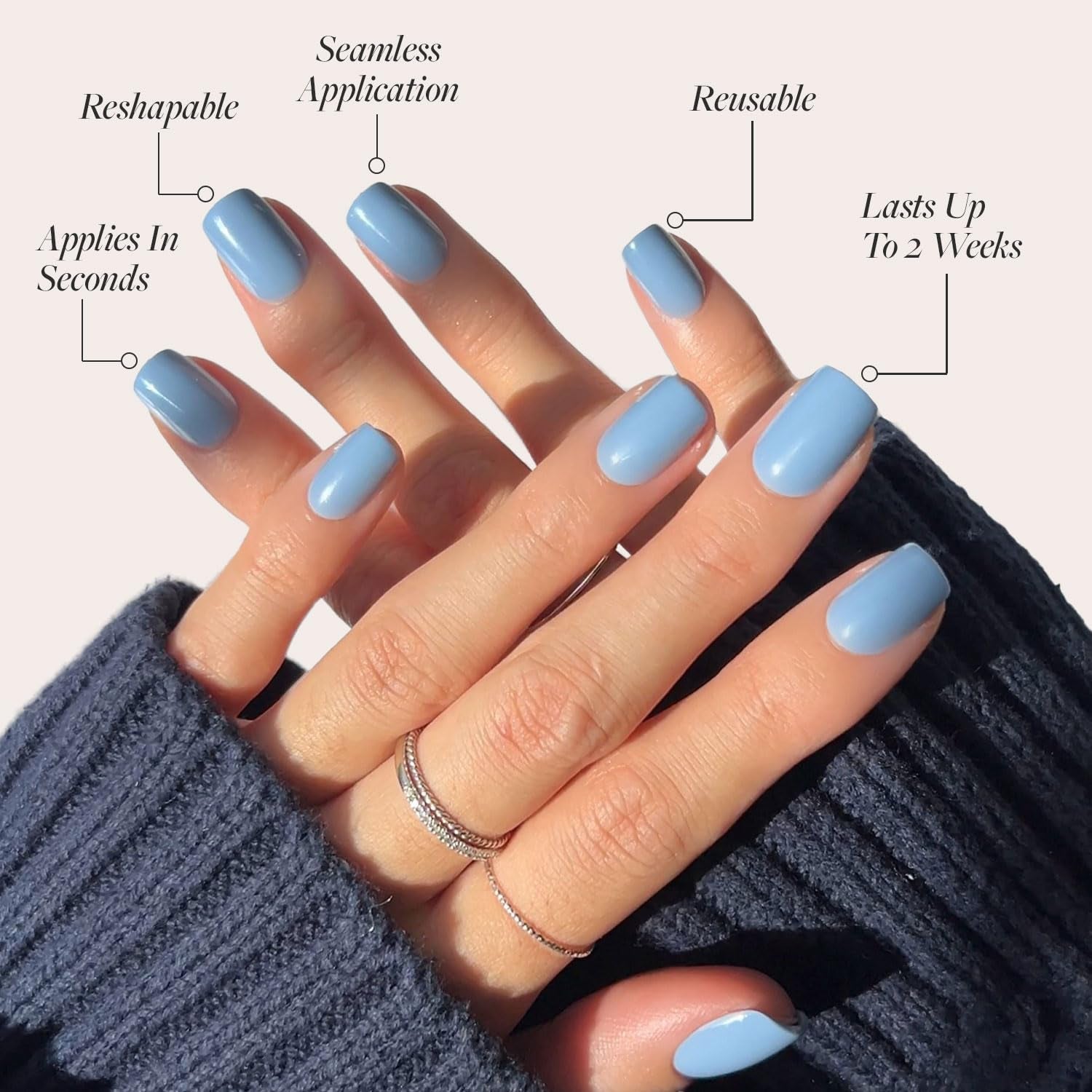 Glamnetic Press on Nails - Cashmere Blue | Opaque Soft Pale Blue Short Squoval False Nails, Reusable Stick on Fake Nails with Glue | Salon Quality | 15 Sizes - 30 Nail Kit