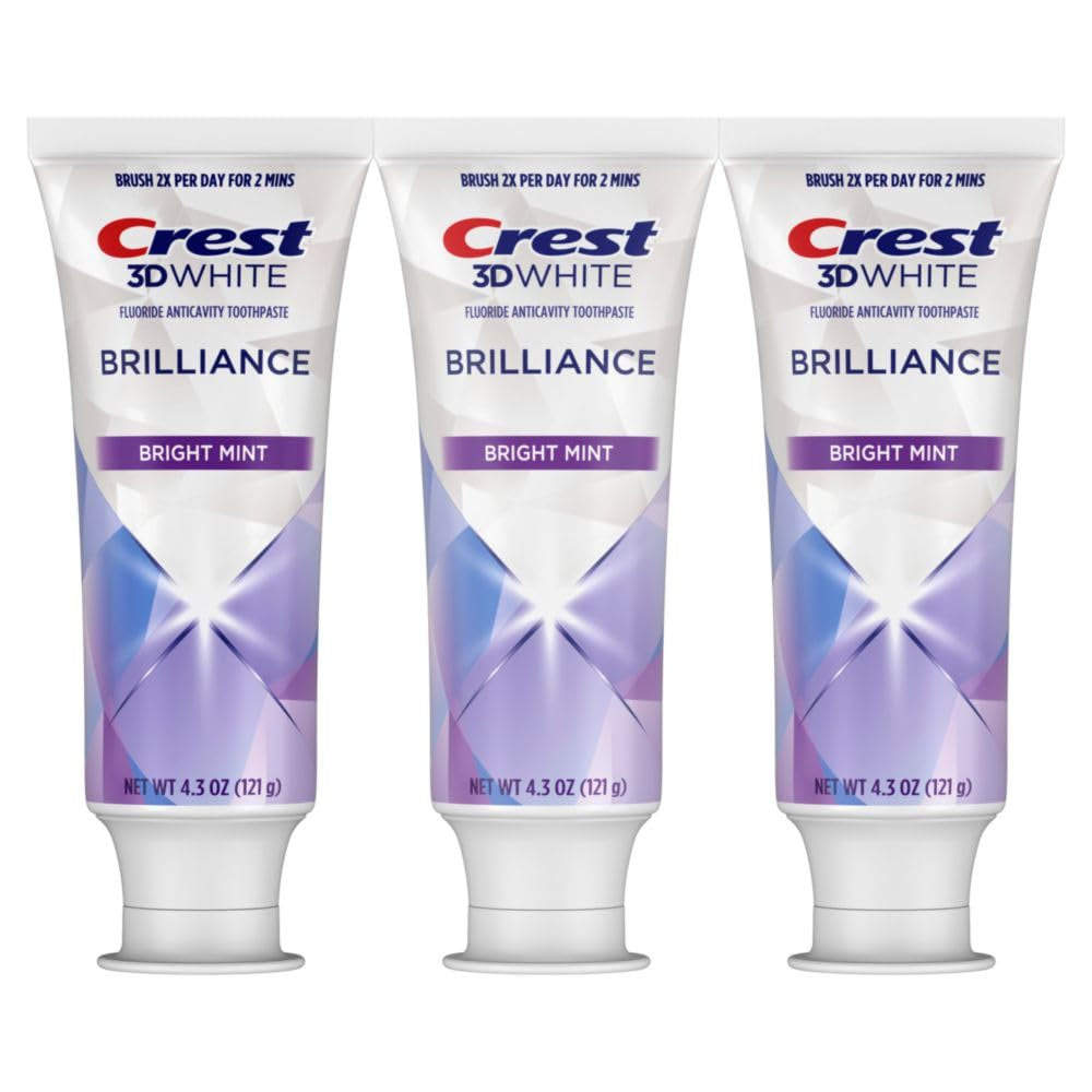 Crest 3D White Brilliance Bright Mint Teeth Whitening Toothpaste, 4.3 Oz Pack of 3, 100% More Surface Stain Removal, 24 Hour Active Stain Prevention, Whiter Teeth in 3 Days