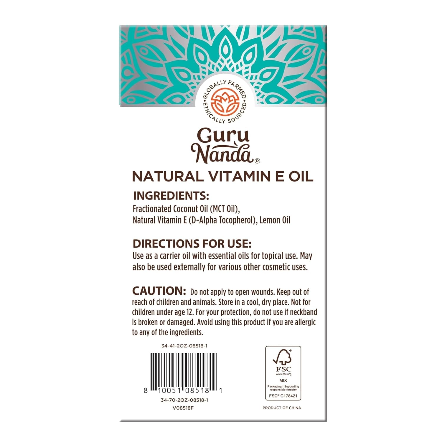 Gurunanda Vitamin E Oil, 2 Fl Oz Pure & Natural, 15,000 IU per Bottle, for Skin, Hair, Face, Nails & Scars, with Coconut Oil to Help Nourish & Moisture, Non-Gmo & Vegan