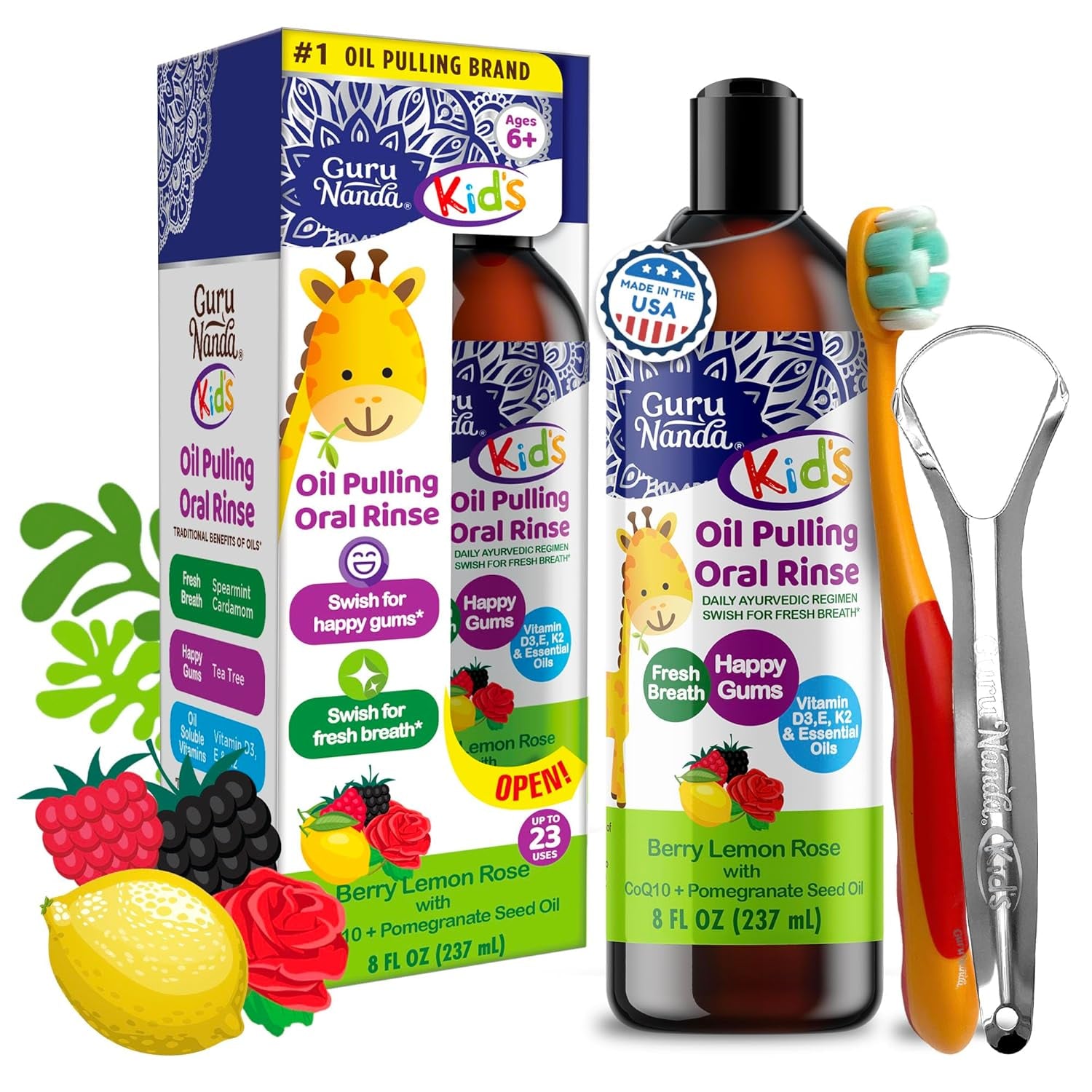 Gurunanda Kids Oil Pulling, Alcohol-Free Mouthwash, Essential Oils & Vitamins for Fresh Breath & Happy Gums for Ages 6 & Up, Natural Berry Lemon Rose, 8 Oz