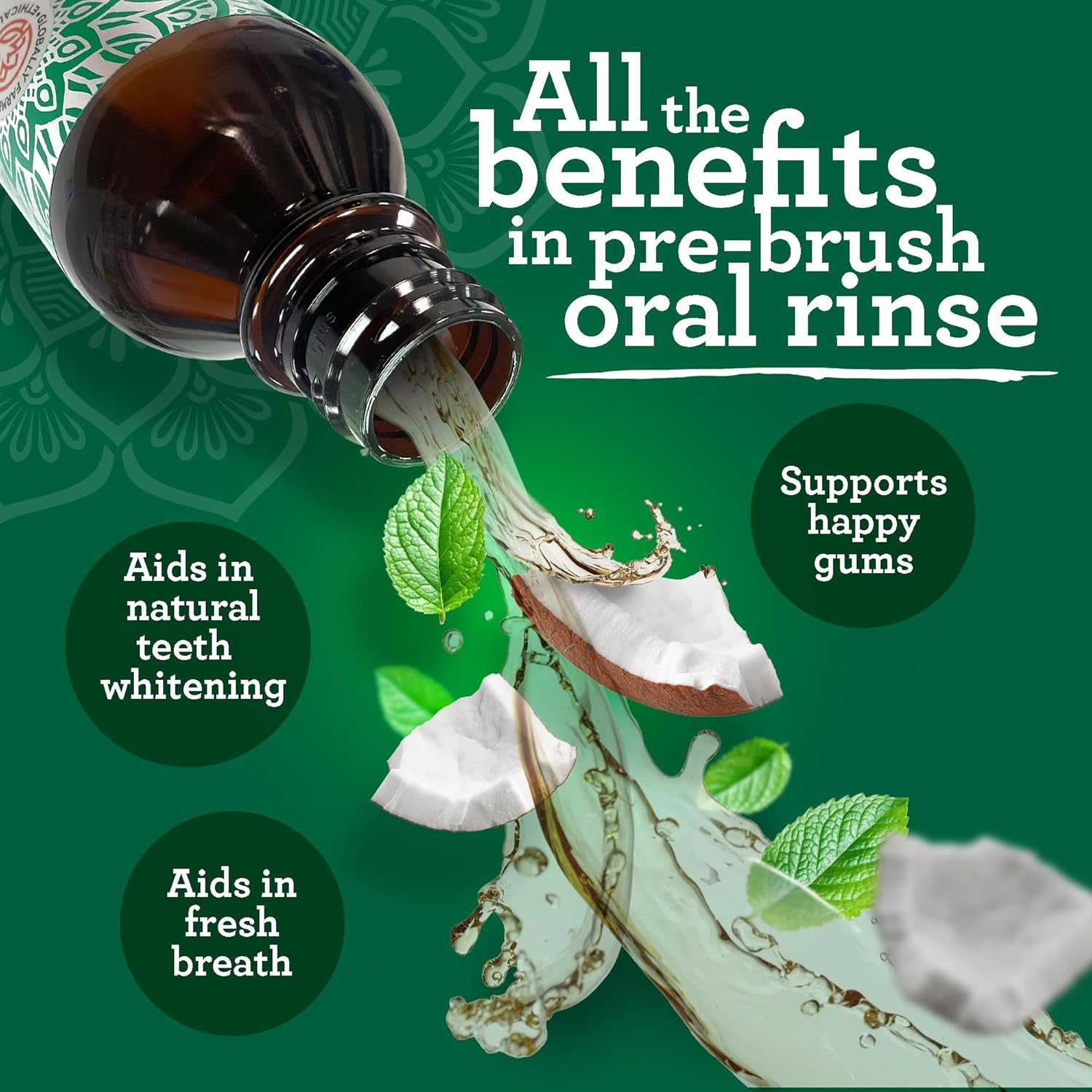 Gurunanda Starter Pulling Oil Mouthwash for Natural Teeth Whitening, Coconut and Peppermint Oil for Fresh Breath & Happy Gums, Alcohol-Free, 8 Oz