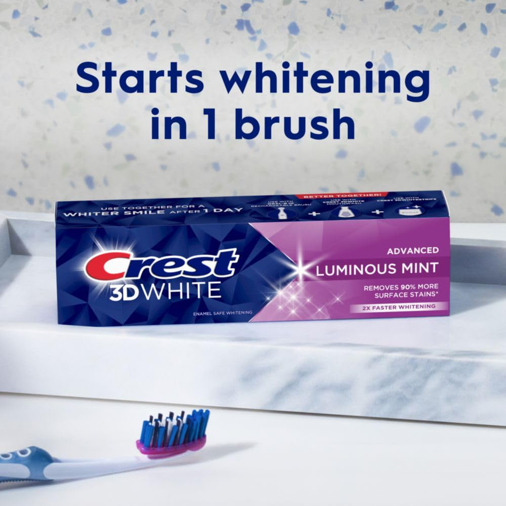Crest 3D White Advanced Luminous Mint Teeth Whitening Toothpaste, Crest Toothpaste, 3.7 Oz Pack of 4 - Helps Remove Surface Stains, Whitens Teeth, Strengthens Tooth Enamel, Protects against Cavities