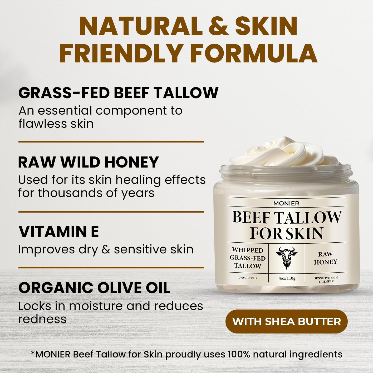 MONIER Whipped Beef Tallow for Skin, Tallow and Honey Balm for Face, Moisturizer with 100% Organic Grass-Fed Beef Tallow & Raw Wild Honey - Natural Formula for Dry & Sensitive Skin (Unscented)