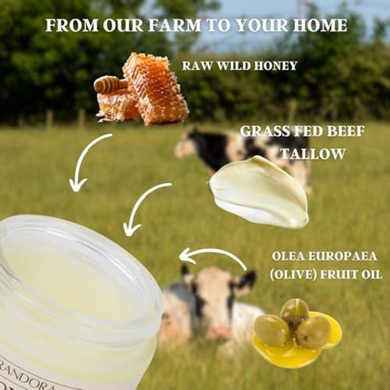 Beef Tallow and Honey Balm for Skin, All-Natural Moisturizer for Face and Body, Hydrating Grass-Fed Beef Tallow & Raw Wild Honey Blend