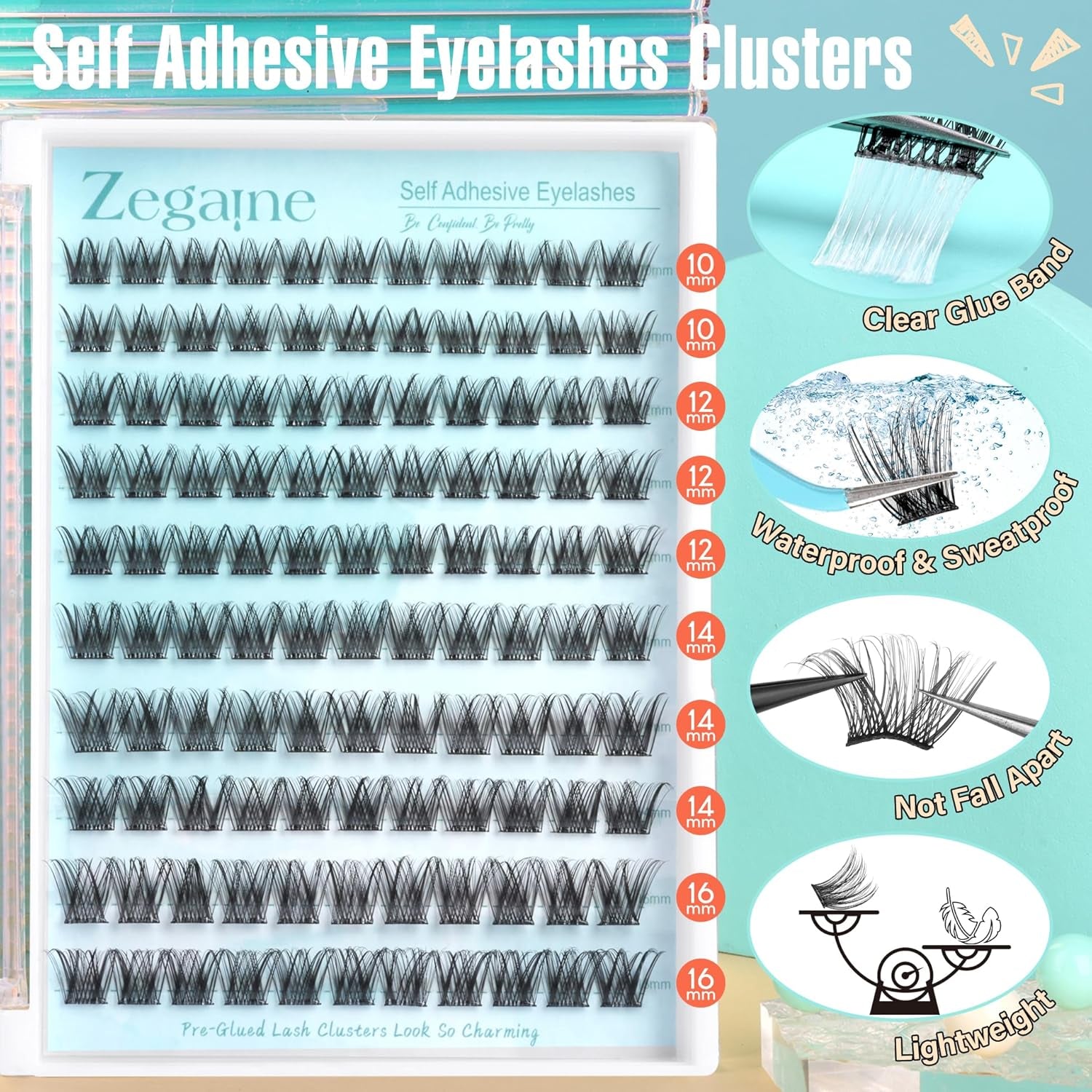 Self Adhesive Lash Clusters Natural Self Adhesive Eyelashes Glueless Lashes Cat Eye Pre Glued Lashes Reusable Wispy Cluster Lashes No Glue Needed Fluffy Self Adhesive Lashes 10-16MM by Zegaine
