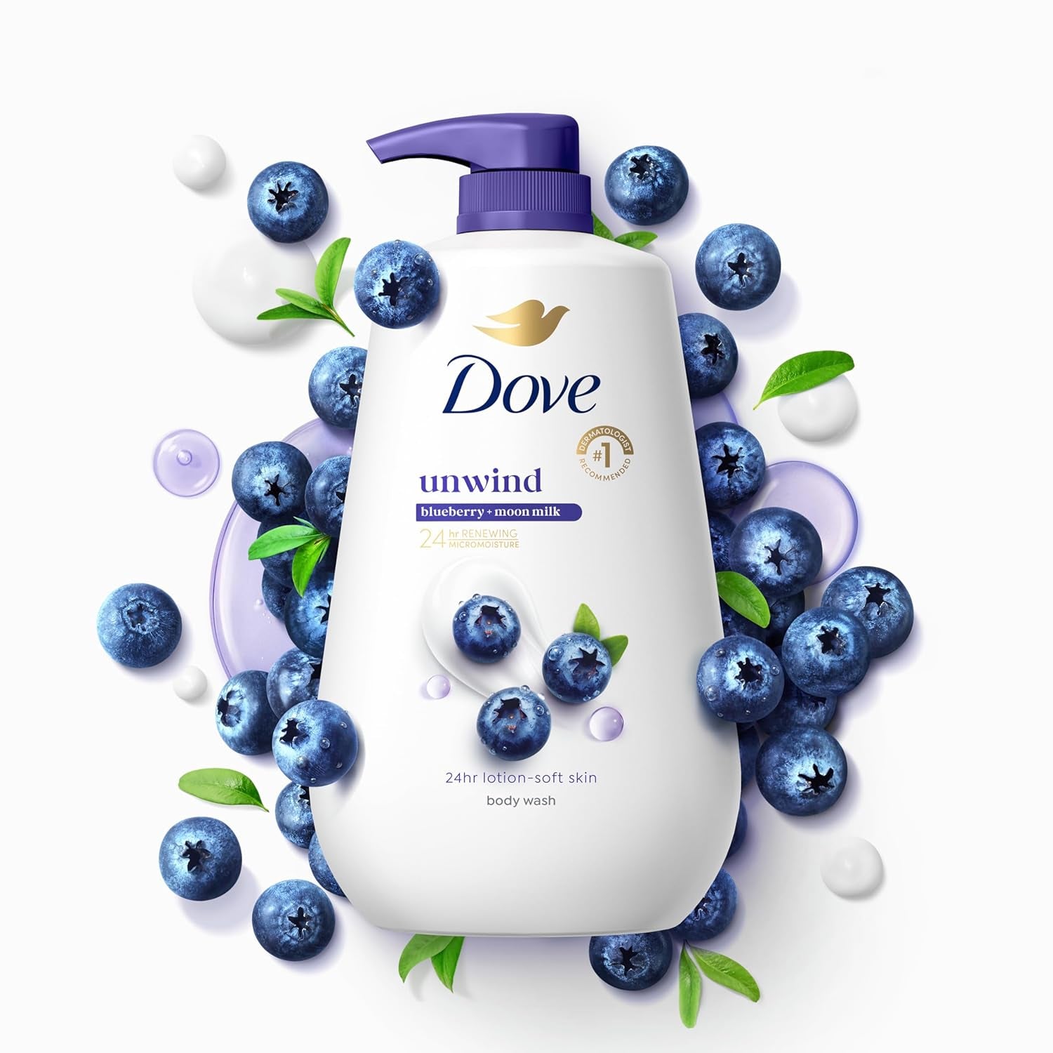 Dove Body Wash for 24Hr Lotion-Soft Skin 3 Count Unwind Blueberry & Moon Milk Moisturizing Skin Cleanser with No Sulfates No Parabens