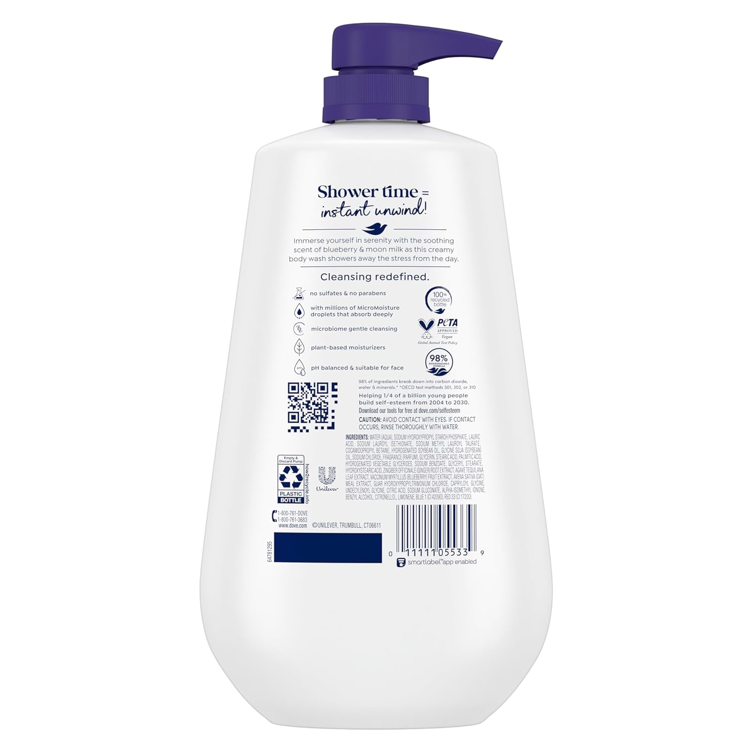 Dove Body Wash for 24Hr Lotion-Soft Skin 3 Count Unwind Blueberry & Moon Milk Moisturizing Skin Cleanser with No Sulfates No Parabens