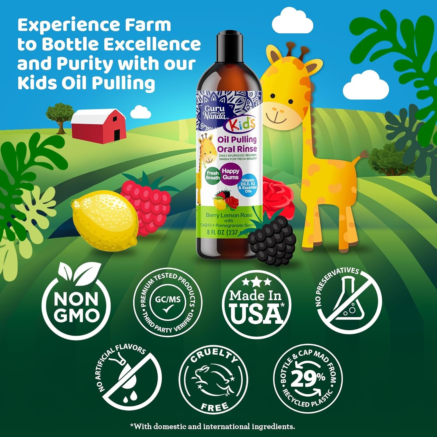 Gurunanda Kids Oil Pulling, Alcohol-Free Mouthwash, Essential Oils & Vitamins for Fresh Breath & Happy Gums for Ages 6 & Up, Natural Berry Lemon Rose, 8 Oz