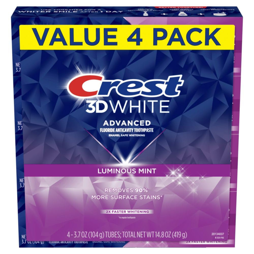 Crest 3D White Advanced Luminous Mint Teeth Whitening Toothpaste, Crest Toothpaste, 3.7 Oz Pack of 4 - Helps Remove Surface Stains, Whitens Teeth, Strengthens Tooth Enamel, Protects against Cavities