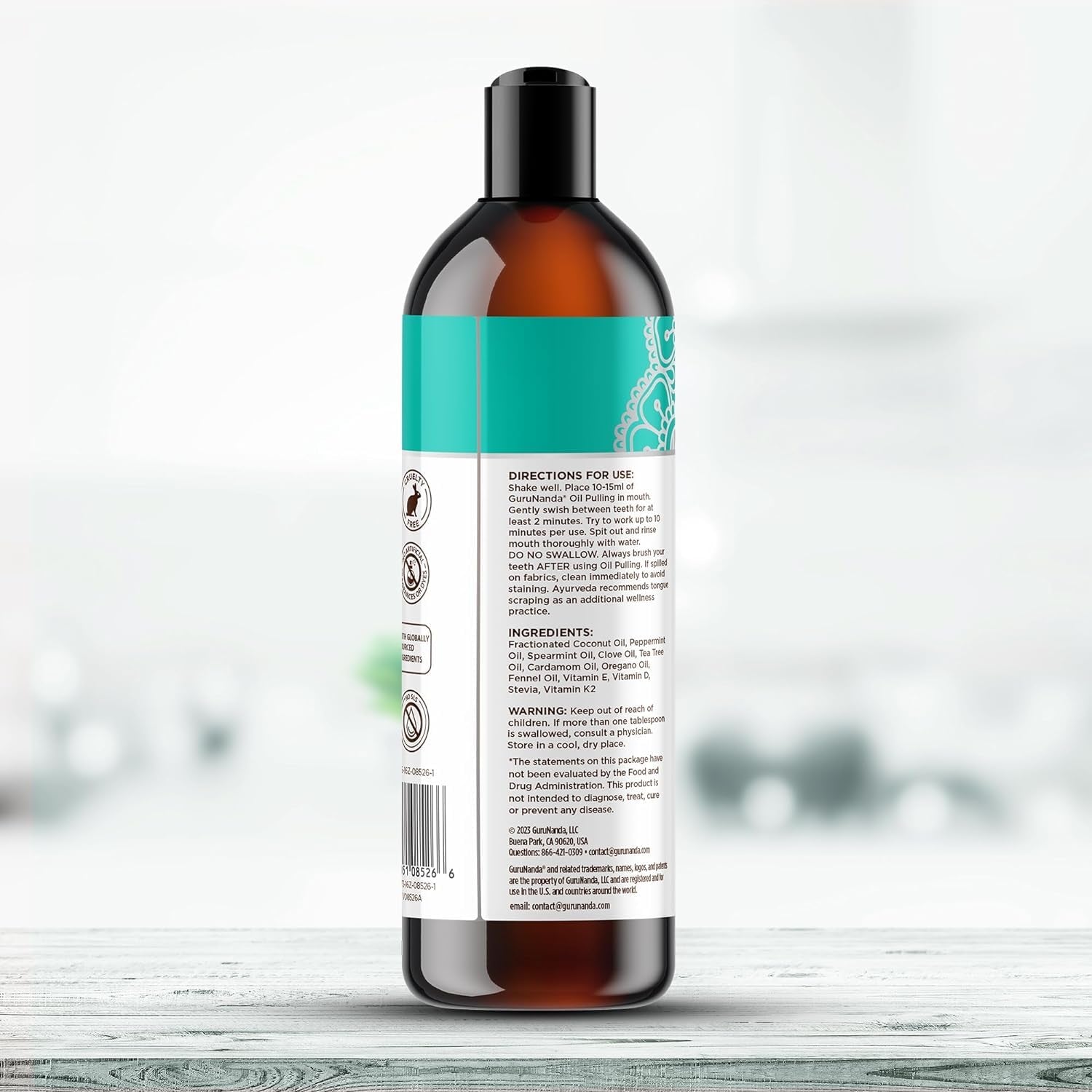Gurunanda Cocomint Oil Pulling Mouthwash for Complete Oral Hygiene, 7 Essential Oils & Vitamins for Happy Teeth & Gums & Fresh Breath, Alcohol-Free, 16 Oz