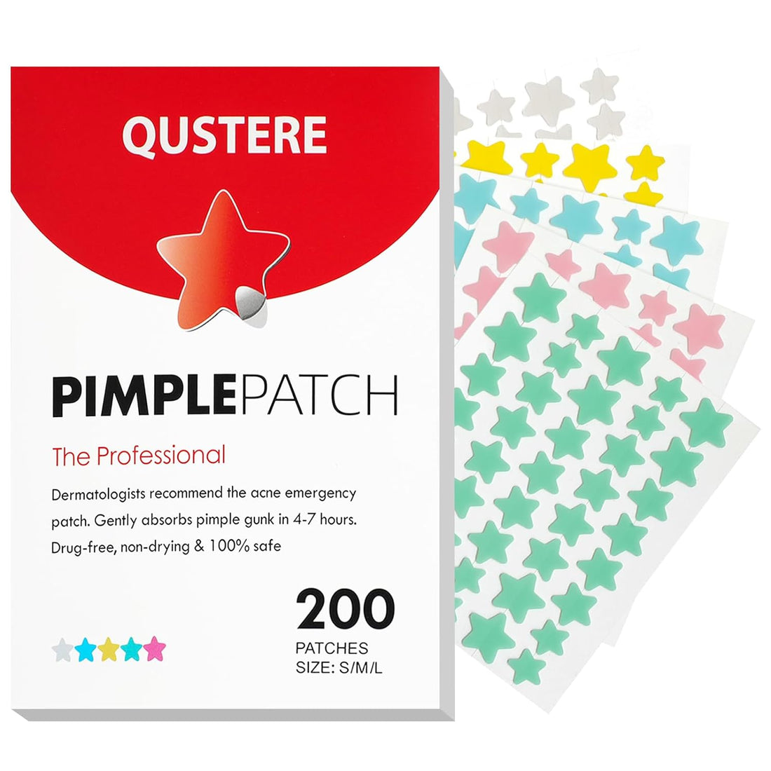 Pimple Patches for Face, Hydrocolloid Acne Patches, Cute Star Zit Covers, Colorful Spot Stickers with Tea Tree, Salicylic Acid &amp; Cica Oil| 3 Sizes (10Mm, 12Mm &amp; 14Mm) |200 Count