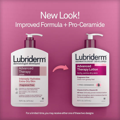 Lubriderm Advanced Therapy Fragrance Free Moisturizing Hand &amp; Body Lotion + Pro-Ceramide with Vitamins E &amp; Pro-Vitamin B5, Intense Hydration for Extra Dry Skin, 16 Fl. Oz, 2 Pack