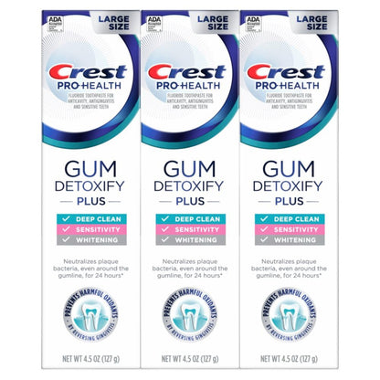 Crest Pro-Health Gum Detoxify plus Toothpaste 4.5 Oz Pack of 3 - Antibacterial Fluoride Toothpaste, Sensitivity Protection, Whitens Teeth, Anticavity, Plaque Control