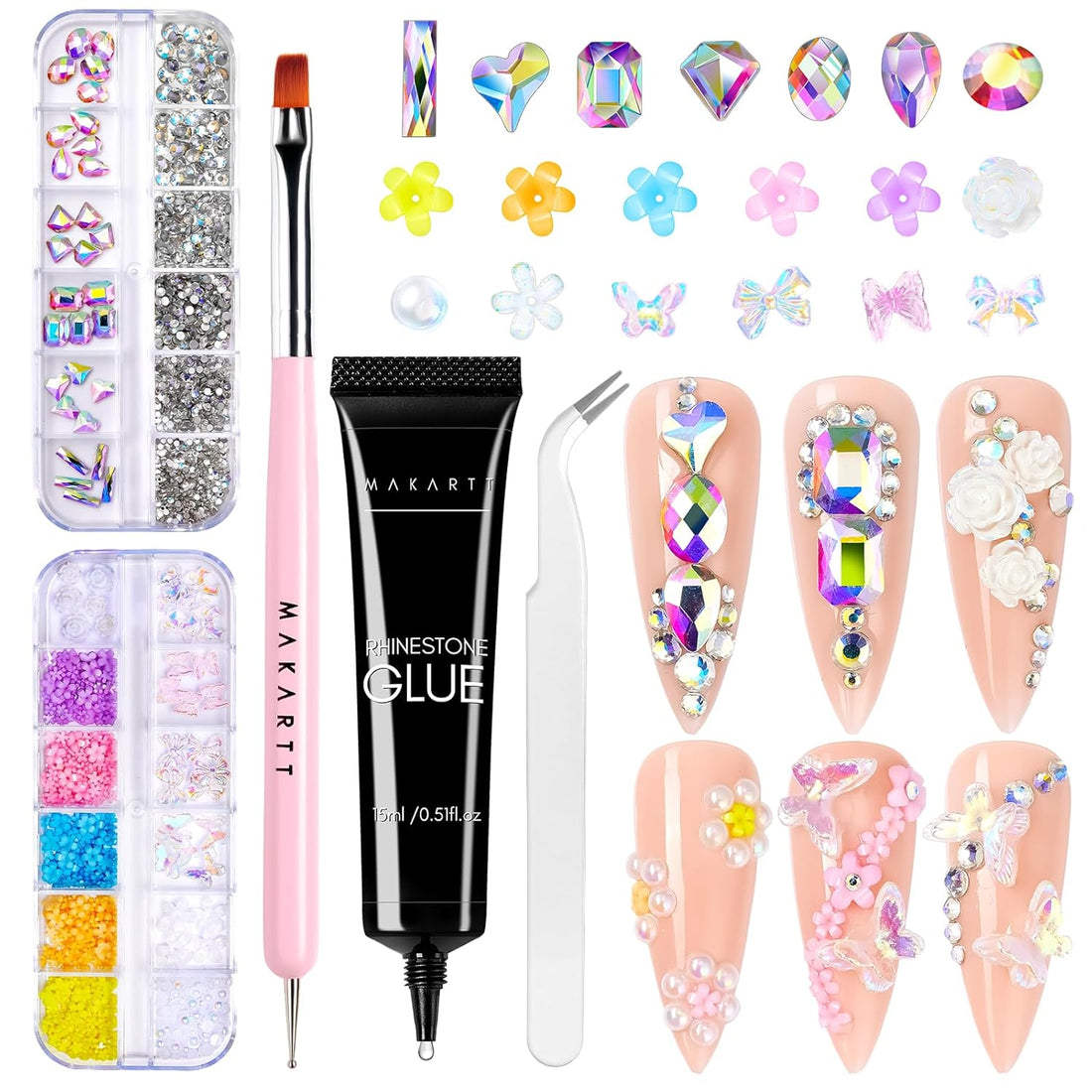 Makartt Nail Rhinestone Glue Kit 15Ml, Gel Glue with AB Crystals, 3D Nail Art Flowers, Pearls, Dual-End Brush &amp; Tweezer, Acrylic Nail Supplies for DIY &amp; Nail Techs