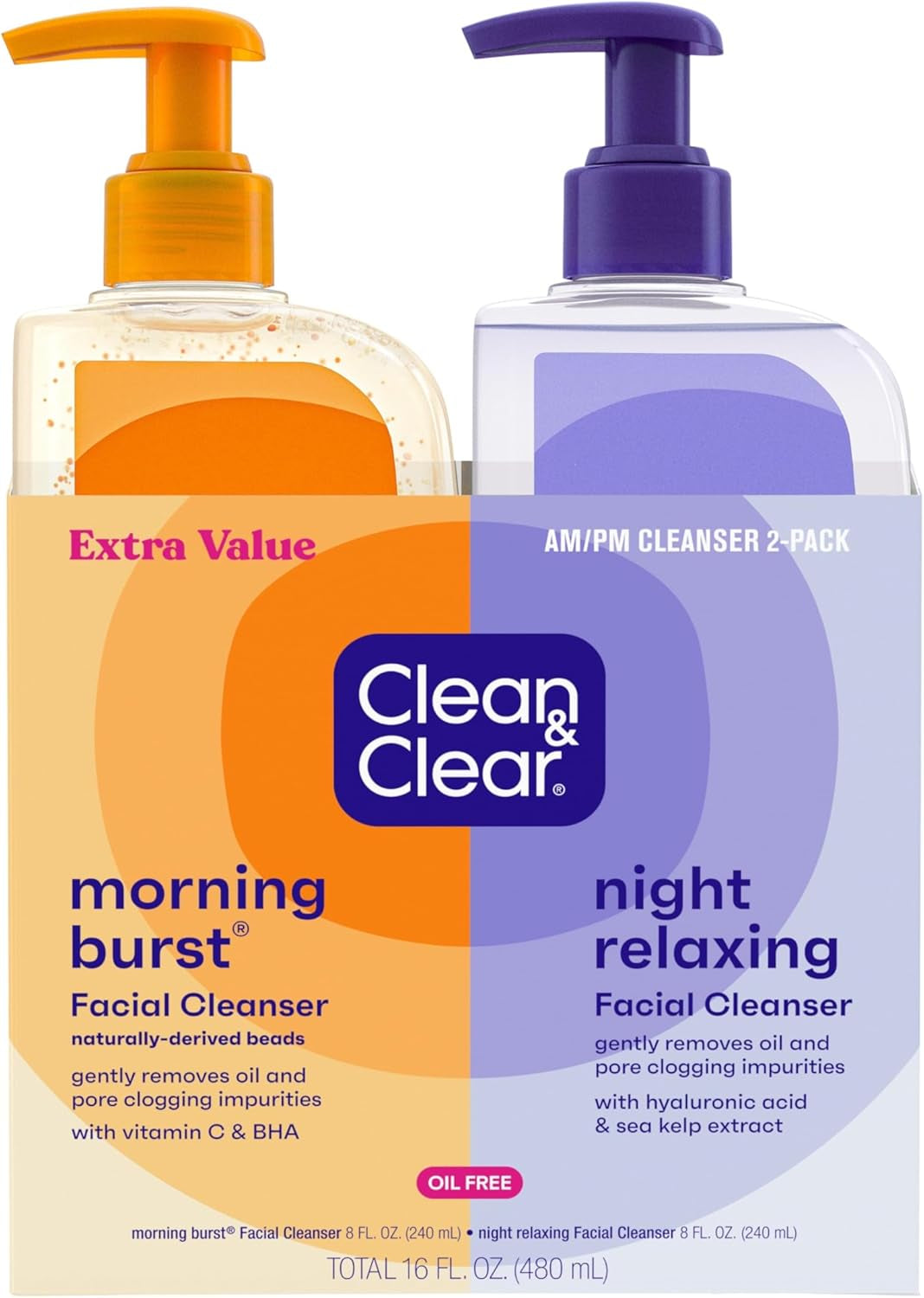 Clean &amp; Clear 2-Pack Oil-Free Facial Cleansers with Citrus Scent, Morning Burst and Night Relaxing, 16 Oz