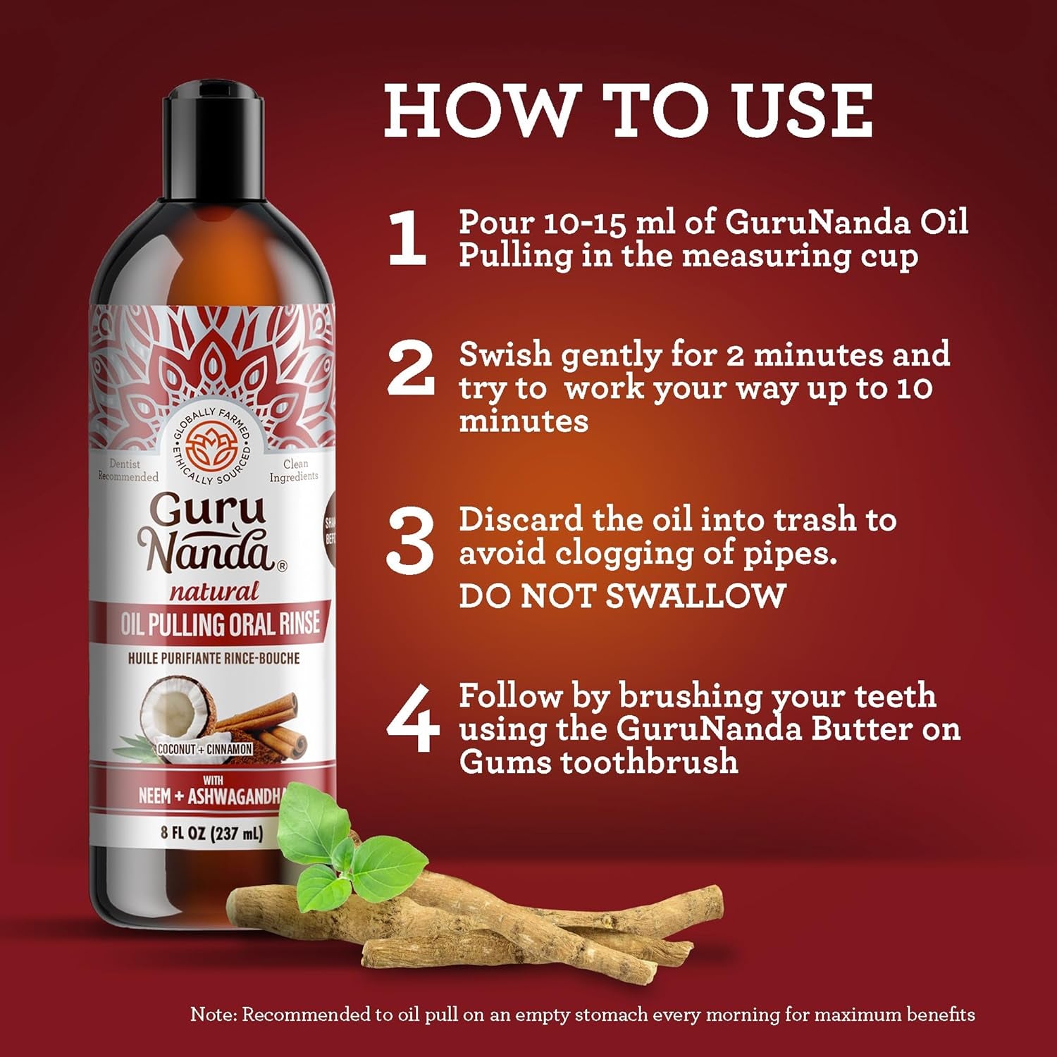 Gurunanda Ashwagandha Oil Pulling with Neem &amp; Roman Chamomile, for Fresh Breath and Happy Gums, Alcohol &amp; Flouride-Free Essential Oil Oral Rinse with Toothbrush &amp; Tongue Scraper, 8 Oz