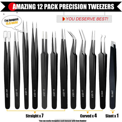 12 - Piece Precision Tweezer Set with Case - Glow Pure