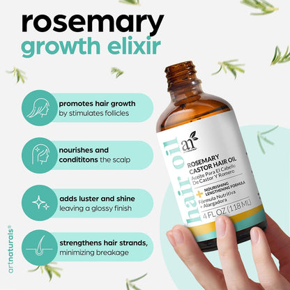 Artnaturals Organic Rosemary &amp; Castor Hair Growth Oil + Scalp Massager Set – Hair Styling Oils for Dry, Itchy Scalp, Thickening &amp; Hydration - Scalp Oil Products for Damaged Hair &amp; Split Ends – 4.0 Oz