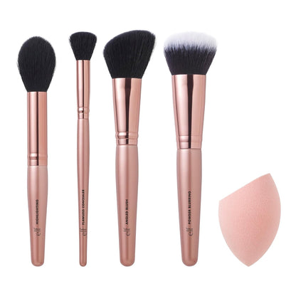 E.L.F. Complexion Essentials Brush &amp; Sponge Set, Concealer, Powder, Blush &amp; Highlighter Brushes &amp; Total Face Sponge, Vegan &amp; Cruelty-Free