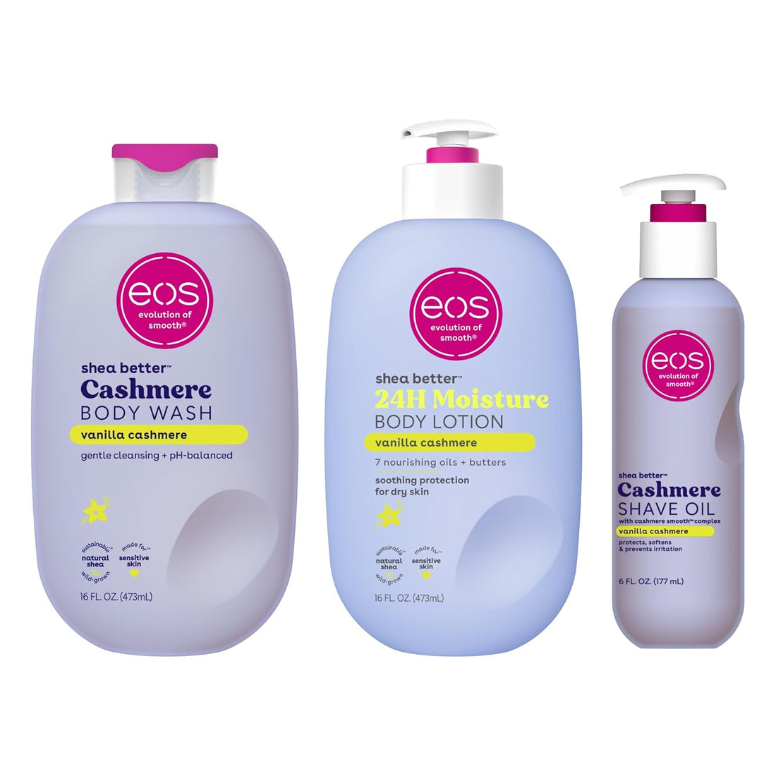 Eos Shower Essentials Bundle- Body Lotion, Body Wash, Shave Oil - Vanilla Cashmere