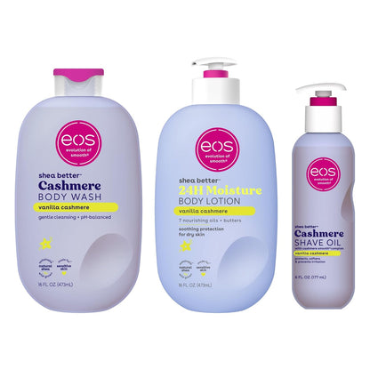 Eos Shower Essentials Bundle- Body Lotion, Body Wash, Shave Oil - Vanilla Cashmere
