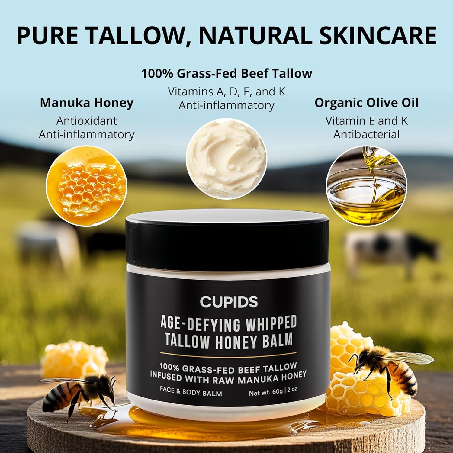 Tallow and Honey Balm for Face - Grass Fed Beef Tallow Moisturizer with Raw Manuka Honey, Olive Oil, Beeswax &amp; Vitamin E - Nourishing Balm for Skin Hydration