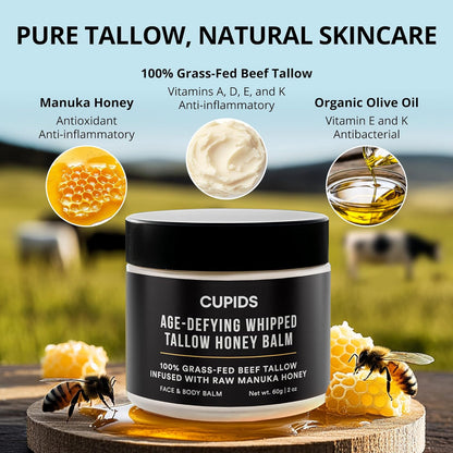 Tallow and Honey Balm for Face - Grass Fed Beef Tallow Moisturizer with Raw Manuka Honey, Olive Oil, Beeswax &amp; Vitamin E - Nourishing Balm for Skin Hydration