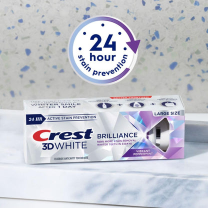 Crest 3D White Brilliance Vibrant Peppermint Teeth Whitening Toothpaste, 4.6 Oz Pack of 3, Anticavity Fluoride Toothpaste, 100% More Surface Stain Removal, 24 Hour Active Stain Prevention
