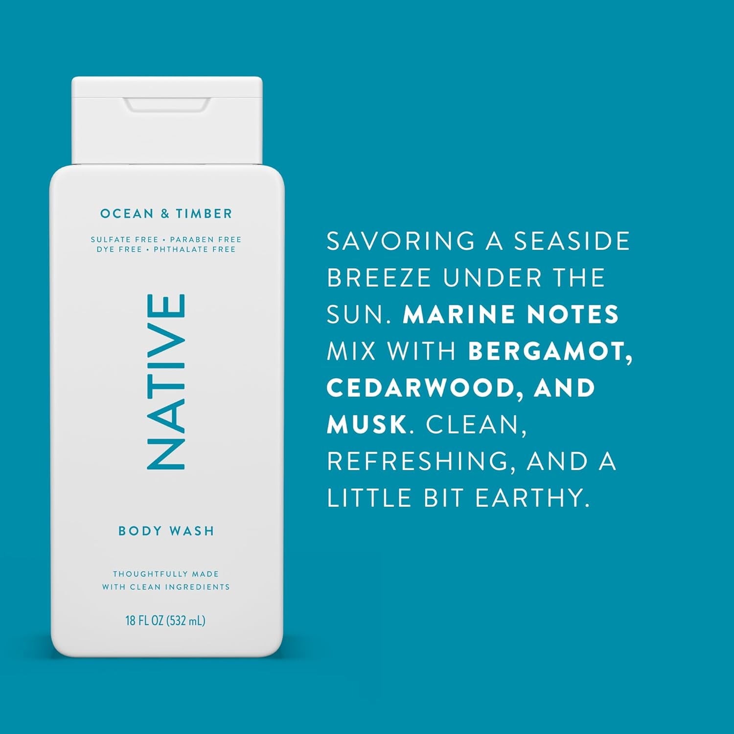 Native Body Wash Contains Naturally Derived Ingredients | for Women &amp; Men, Sulfate, Paraben, &amp; Dye Free Leaving Skin Soft and Hydrating | Ocean &amp; Timber 18 Oz - 2 Pk