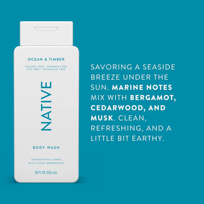 Native Body Wash Contains Naturally Derived Ingredients | for Women &amp; Men, Sulfate, Paraben, &amp; Dye Free Leaving Skin Soft and Hydrating | Ocean &amp; Timber 18 Oz - 2 Pk