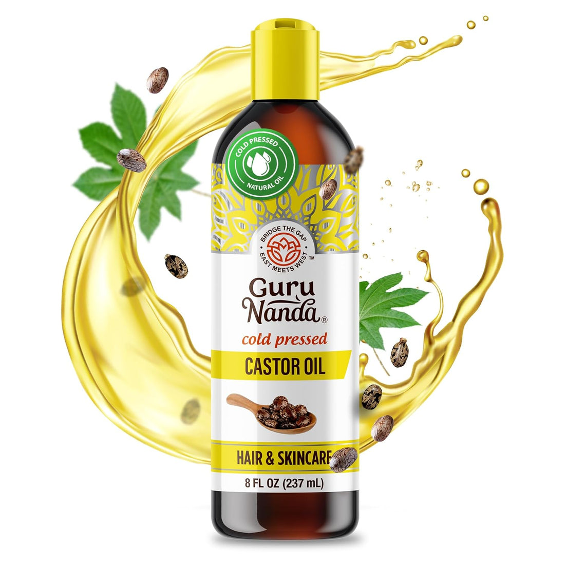 Gurunanda Castor Oil (8 Fl Oz), 100% Pure, Cold Pressed &amp; Hexane-Free, Hydrating Carrier Oil, Natural Castor Oil for Hair, Eyebrows &amp; Eyelashes Growth