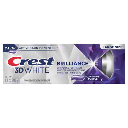 Crest 3D White Brilliance Luminous Purple Teeth Whitening Toothpaste, 4.6 Oz Pack of 3, Anticavity Fluoride Toothpaste, Fights 100% More Surface Stains, 24 Hour Active Stain Prevention