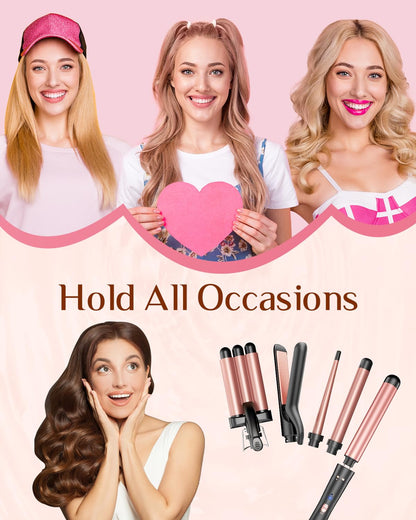 5 in 1 Wand Curling Iron-Kinked Curling Wand Set with Flat Iron Hair Straightener, 3 Barrels Hair Crimper, 3 Ceramic Curling Irons (0.35&quot;-1.25&quot;), 2 Temps Fast Heat Hair Waver Curler with Glove &amp; Clip