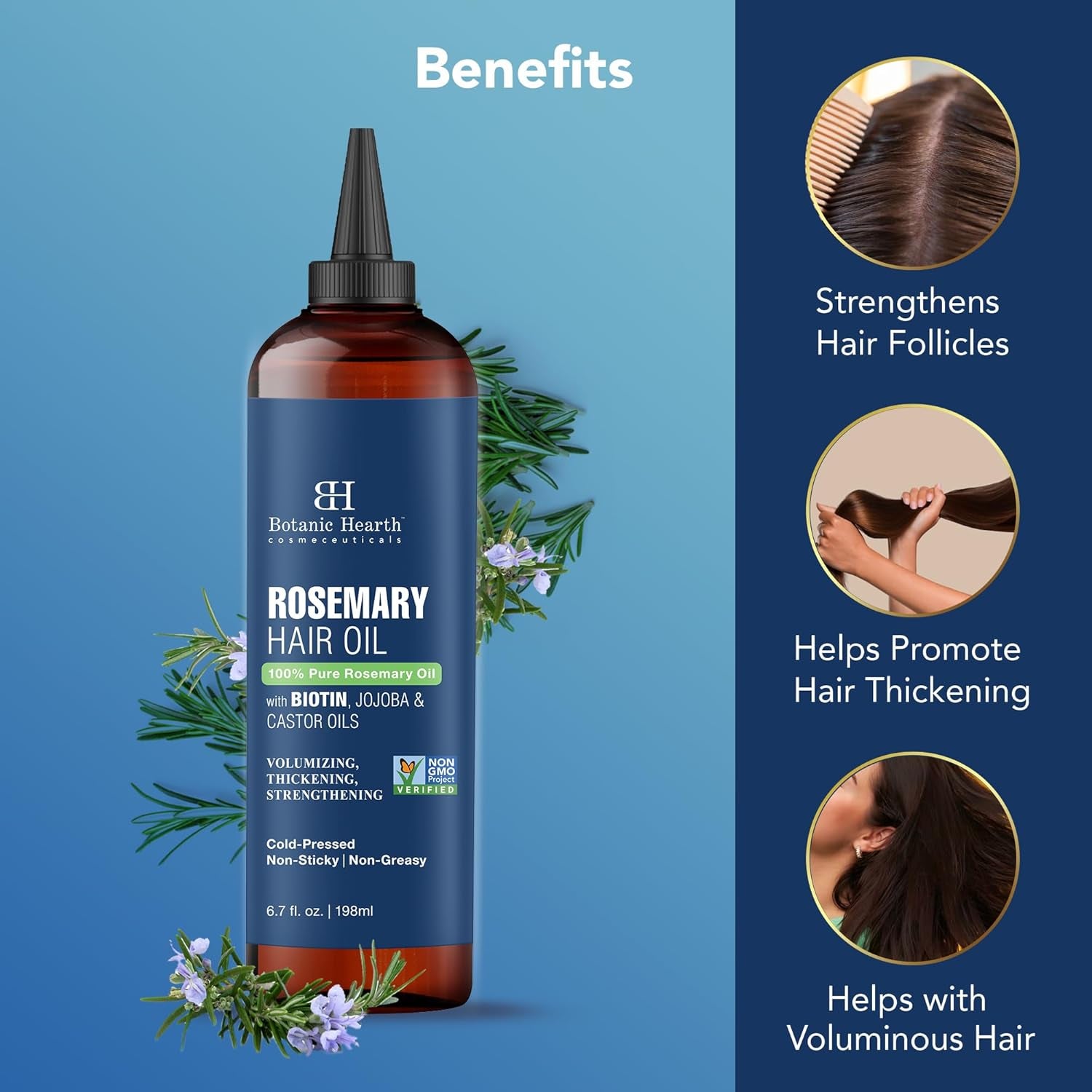 Botanic Hearth 100% Pure Rosemary Oil for Hair Growth (6.7 Fl Oz) Infused with Biotin, Jojoba &amp; Castor Oil | Hair Strengthening Treatment | Nourishing &amp; Volumizing | Non GMO Verified