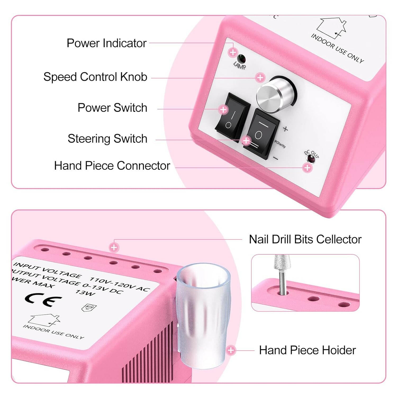 20000 Electric Nail Drill Professional Nail File Drill Acrylic Nails Kit for Manicure Gel Nail Polish Remover with 1 Pack of Sanding Bands(Pink) - Glow Pure