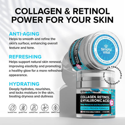 Simplyvital Collagen, Retinol &amp; Hyaluronic Acid Cream - Anti-Aging Face Moisturizer for Face, Neck &amp; Décolleté - Made in USA, Daily Moisturizer Face Cream - 1.7 Fl.Oz.