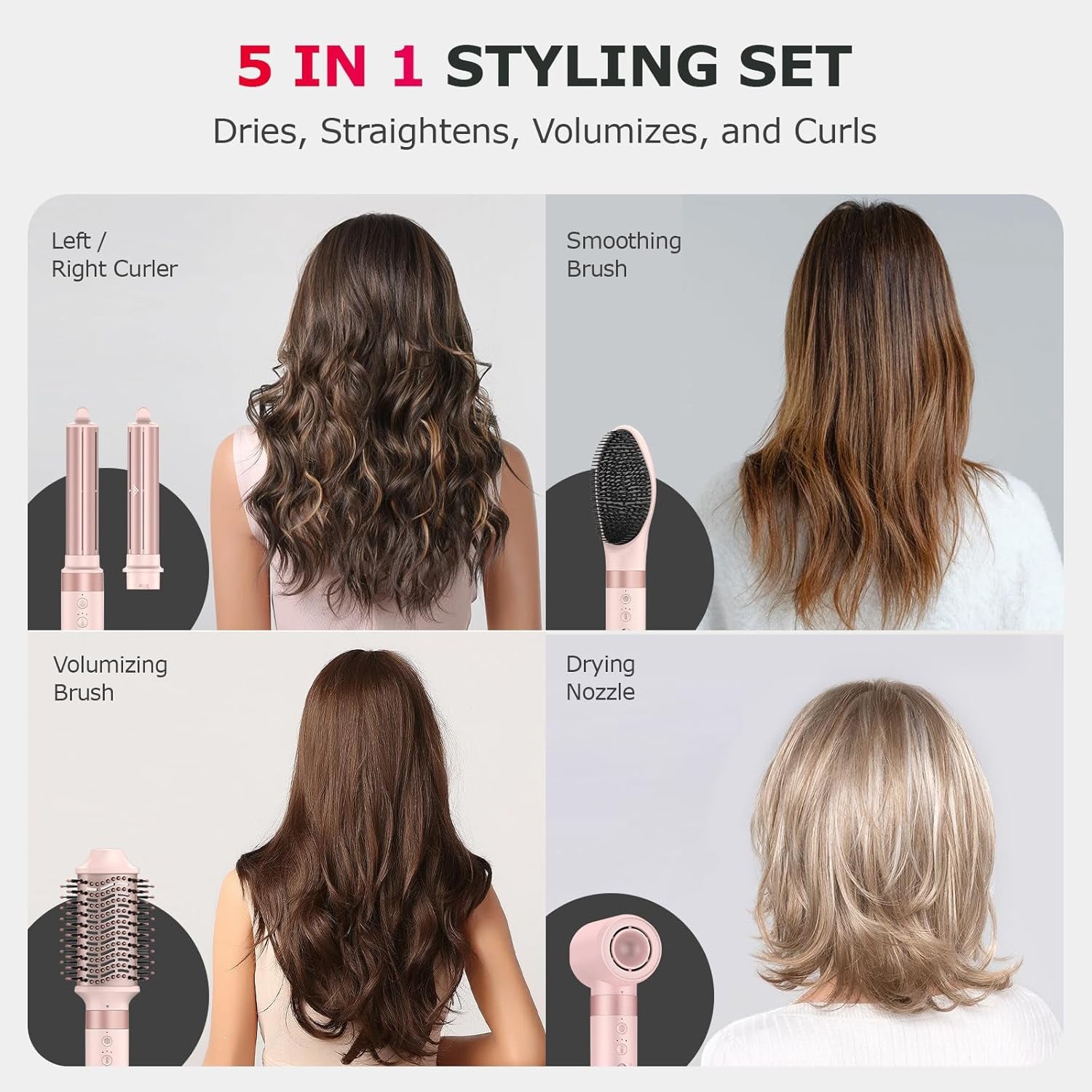 5 in 1 High-Speed Hot Air Styler - Professional Frizz-Free Hair Dryer Brush, Fast Drying Hair Dryer, No Heat Damage Air Styler Wrap - Curl, Volumize, Straighten with Travel Bag