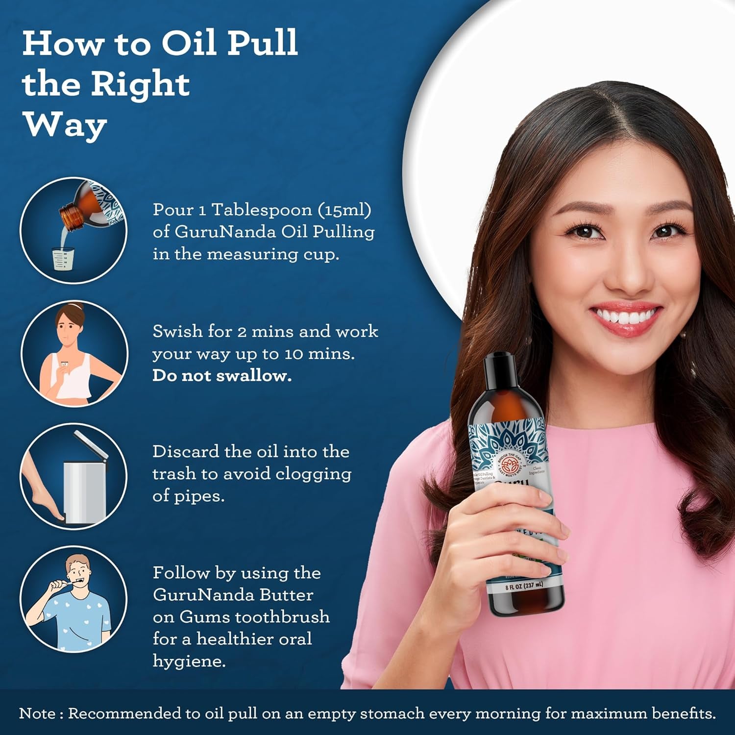 Gurunanda Advanced Oil Pulling with Tongue Scraper, Natural Alcohol Free Mouthwash with Coconut Oil, Vitamins D &amp; E for Teeth &amp; Gum Health (3X8 Fl Oz)