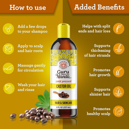 Gurunanda Castor Oil (8 Fl Oz), 100% Pure, Cold Pressed &amp; Hexane-Free, Hydrating Carrier Oil, Natural Castor Oil for Hair, Eyebrows &amp; Eyelashes Growth